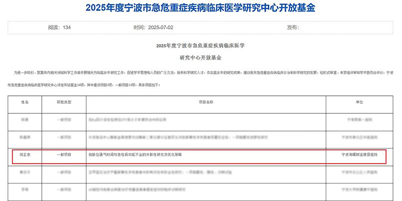 宁波海曙顾连康复医院科研项目获宁波市急危重症疾病临床医学研究中心开放基金立项